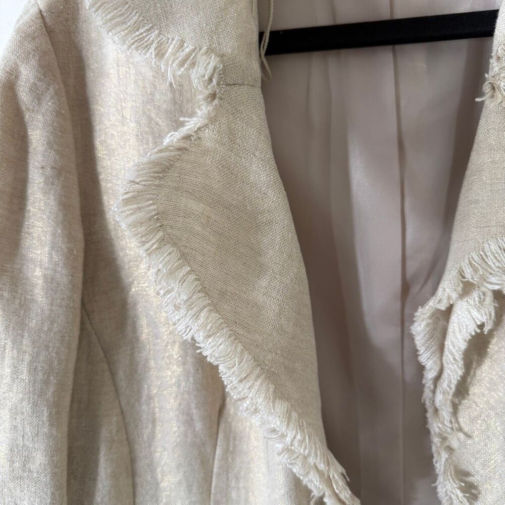 Peck & Peck Women’s Beige 100% Linen Metallic‎ Fringe Open Front Jacket Size 12 - Picture 4 of 9